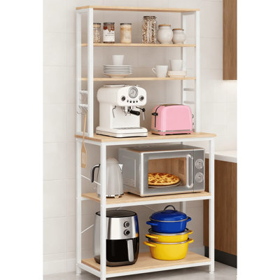 Étagère de boulanger avec 6 crochets, support pour micro-ondes avec rangement, étagère de rangement industrielle à 6 niveaux, étagère en bois autoportante, finition chêne et blanc