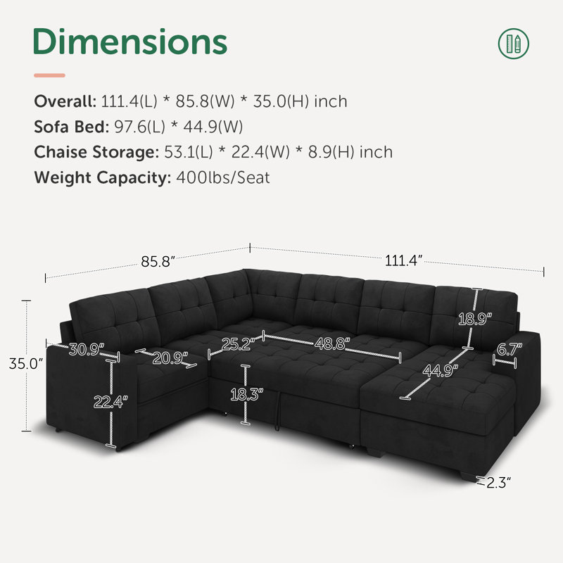 Epping Chasidi U-Shaped Sleeper Sectional Tufted Sofa Bed with Storage Chaise, Black Velvet