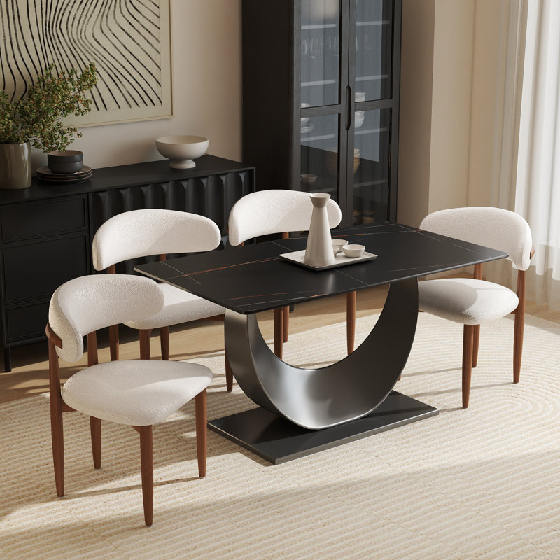 Juvan Modern Sintered Stone Dining Set, 29.21" H x 55.11" W x 31.5" D, 5 Pieces: Table, 4 Chairs, Black/Brown