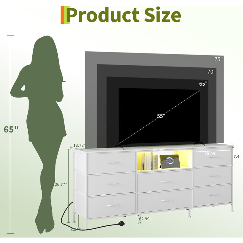 63" LED TV Stand Dresser with 8 Fabric Drawers Storage for 65"-76" TVs, Bedroom & Living Room Organizer, White