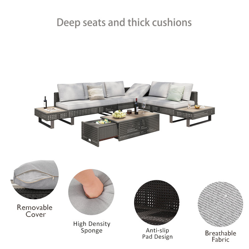 6-Person Diamond Woven Patio Combo Furniture Set With Extendable Coffee Table, Ice Bucket, Folding Seats With Side Table And Deep Cushion