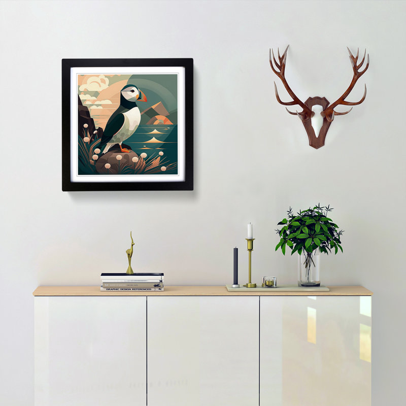 Puffin Art Deco No.2 - Framed Print, Black
