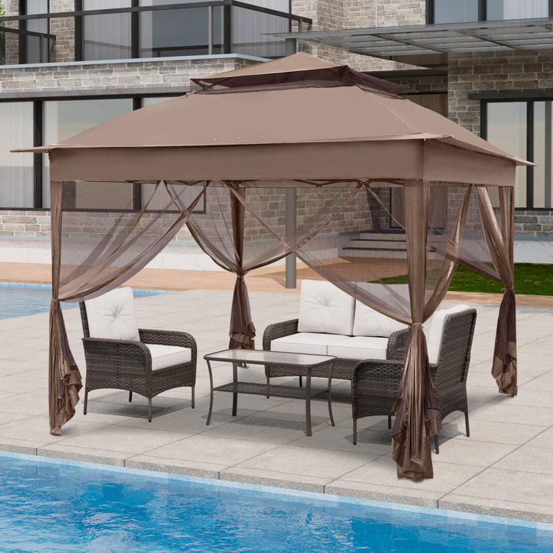 11 pi. L 11 pi. D Pavillon de jardin d'extérieur en acier à toit souple avec filet, Brun