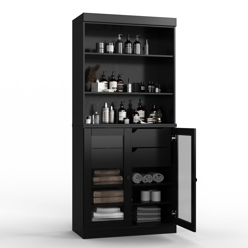 Armoire de salle de bain autoportante 100% bois massif 32 po avec portes en verre transparent, 2 tiroirs et tablettes réglables - Rangement de salle de bain moderne