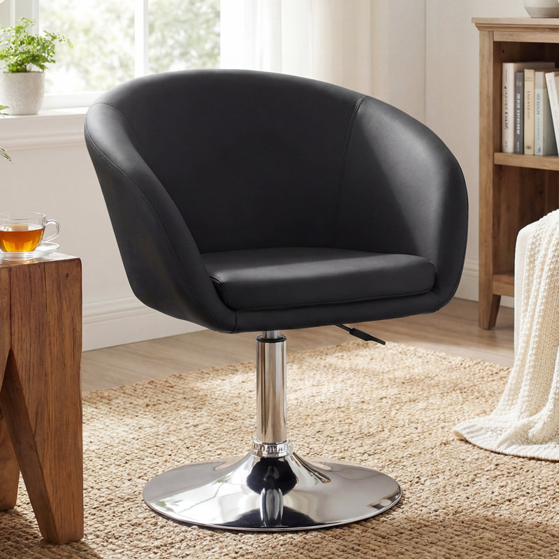 Yelena Faux Leather Swivel Accent Chair with Height Adjustable Chrome Base, Black