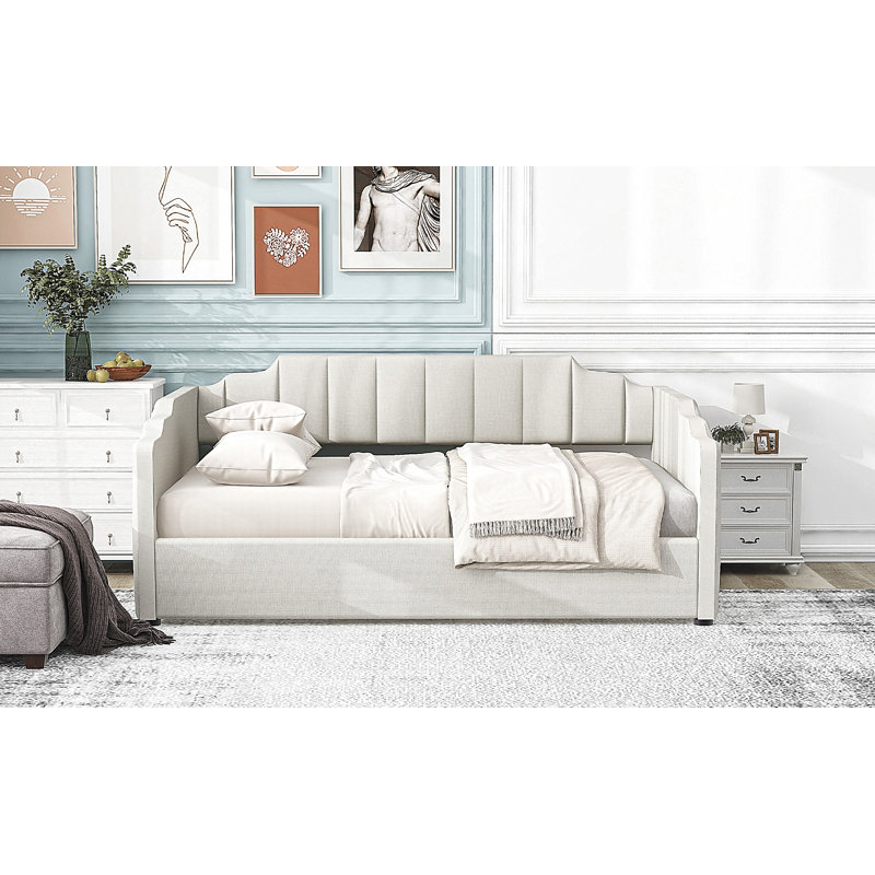 Upholstered Daybed With Underneath Storage,Full Size, Beige