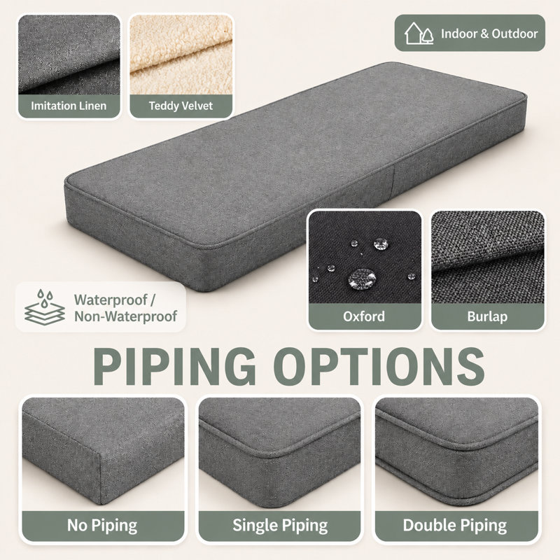 2'' H Customizable Bench Cushion For Indoor/Outdoor Furniture/Chair/Window Seat, Premium 75D High-Resilience Foam, Black