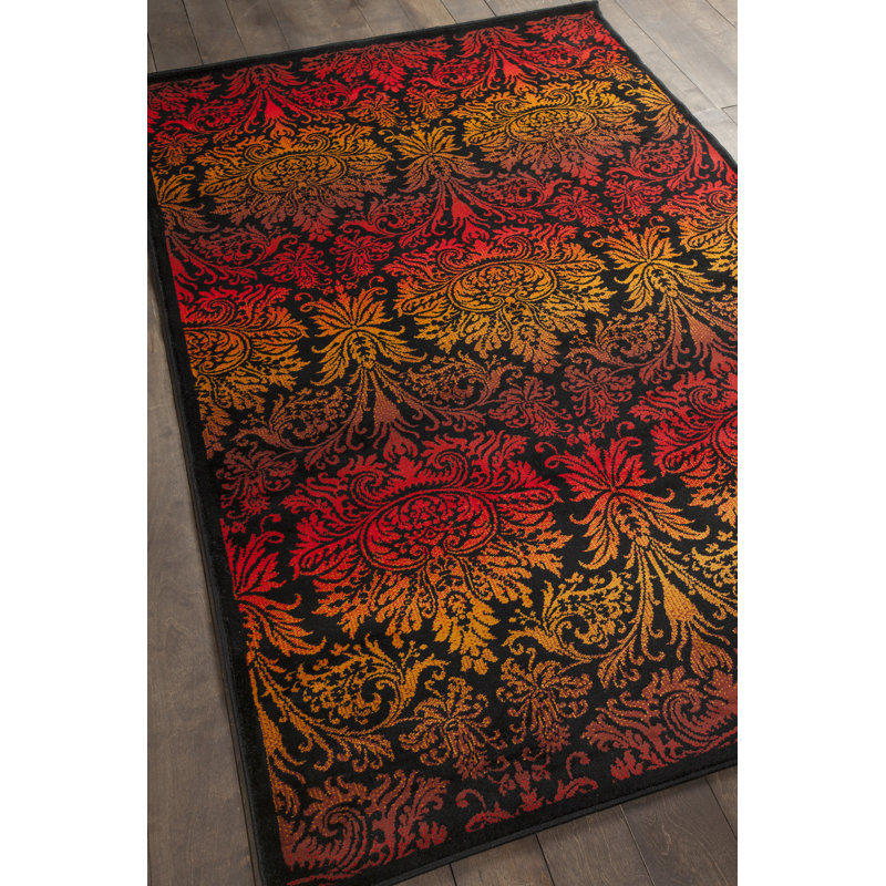 Tapis en polypropylène à motif floral tissé à la machine noir, rouge et jaune Performance, Rectangle de 5 pi x 8 pi