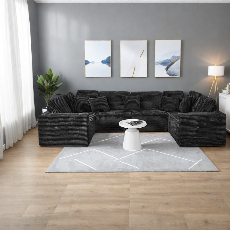 Spacieux canapés modulaires en forme de U, velours côtelé noir 6 places pour le salon