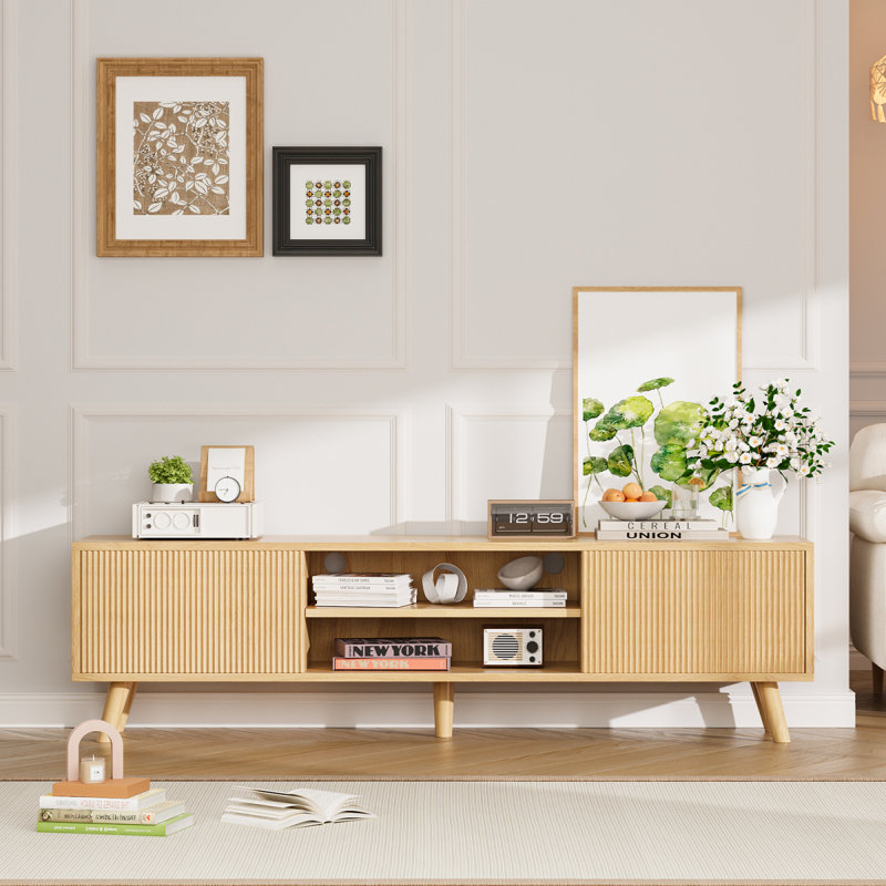 Fluted TV Stand With Storage For Living Room, Oak
