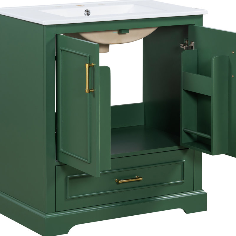 Meuble-lavabo de 30 po avec lavabo en céramique, 1 tiroir séparateur, 2 portes à fermeture en douceur, 2 tablettes sur porte, 1 porte autoportante, 1 cuve, finition, efficace
