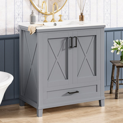 Meuble-lavabo de 30 po avec lavabo en céramique, bois massif et fabrication, portes doubles à fermeture douce, meuble-lavabo à tablette en U réglable, pour outils
