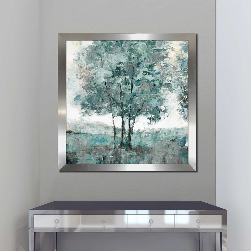 «Teal Sentinel I» par Nan - Peinture, Encadrement argenté, H 25,5 po x l 25,5 po x P 1 po