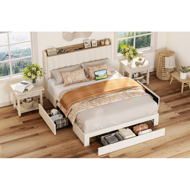 Ivy Bronx Upholstered Bed Frame with Storage & Charging