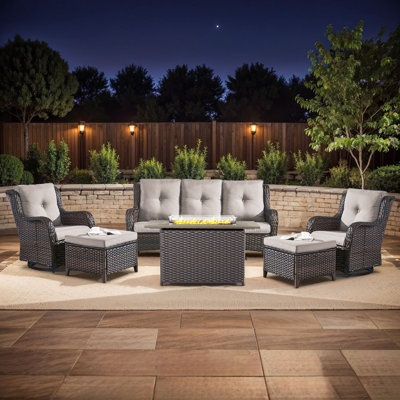 Wendye 6-Piece Outdoor Furniture Sofa Set With 2 Swivel Chairs, 2 Ottomans & 55K BTU Fire Pit Table