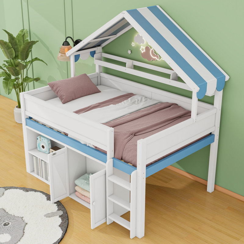 Full-Size Loft Bed With House-Inspired Canopy Roof, Built-In Storage, White/Blue