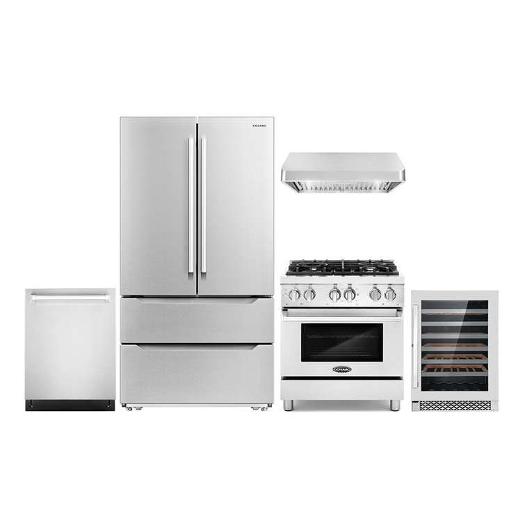 Cosmo 5 Piece Kitchen Appliance Package with French Door Refrigerator , 29.8'' Dual Fuel Freestanding Range , Built-In Dishwasher , Under Cabinet Range Hood , and Wine Refrigerator