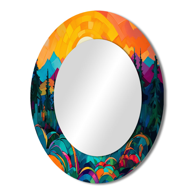 Haashir Vibrant Sunset Shining Over Mountains II - Mountains Decorative Mirror, Orange Wall Mirror, Printed Metal Art, Oval