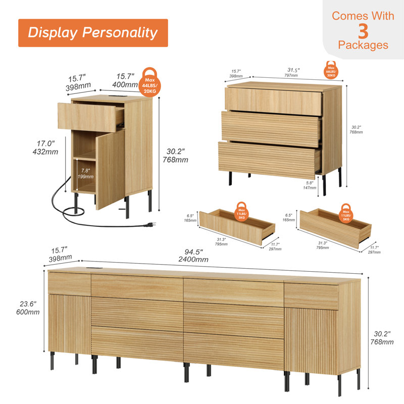 94.5" Modern Wood 8-Drawer Accent Cabinet With Reeded Design, Minimalist Cabinet Organizer Storage With Charging Station For Bedroom,Living Room, Entryway