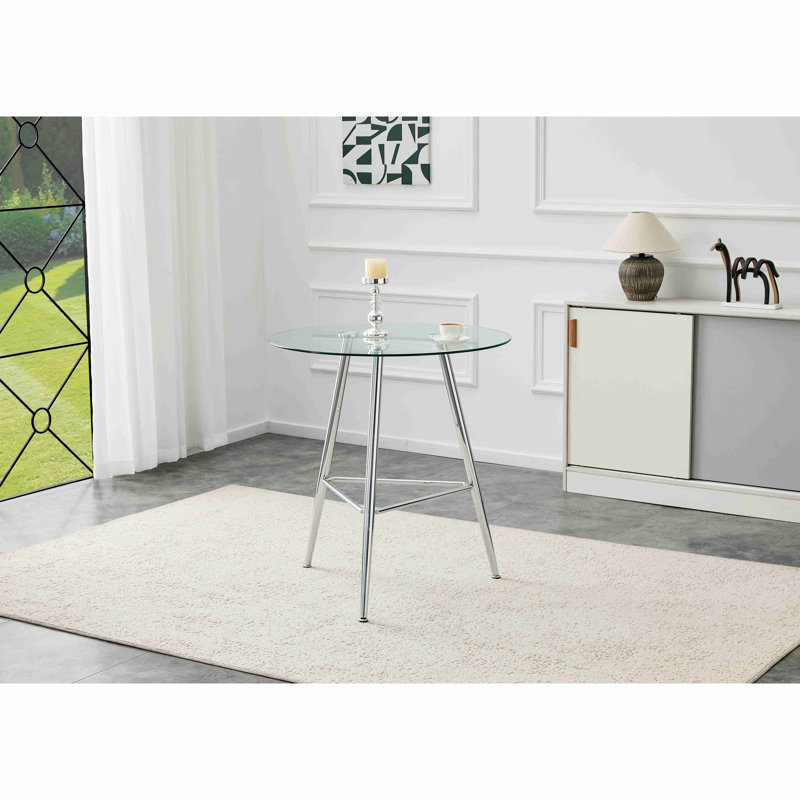 Table de bar d'une hauteur de 36 pouces, table de pub ronde en verre trempé de 34 pouces avec pieds en métal chromé argenté, table bistro moderne pour îlot de cuisine / bar / café