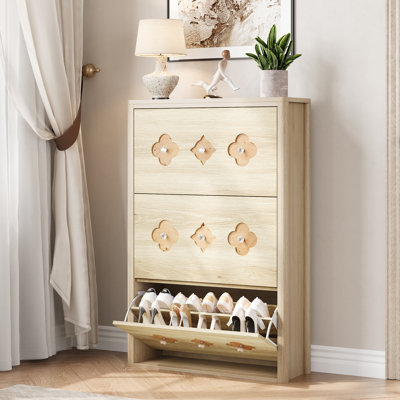 Armoire à chaussures avec 3 tiroirs rabattables, organisateur de chaussures étroit en bois à motif floral avec tablettes réglables