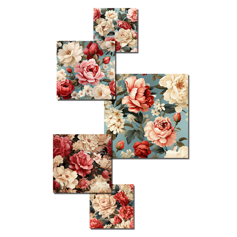 Motif floral rétro rose et bleu à motif floral III - ensemble d'art mural floral de 5