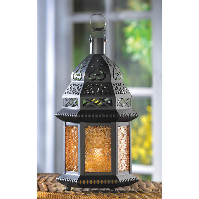 Large Yellow Glass Moroccan Lantern | Amber Boho Candle Lamp, Black