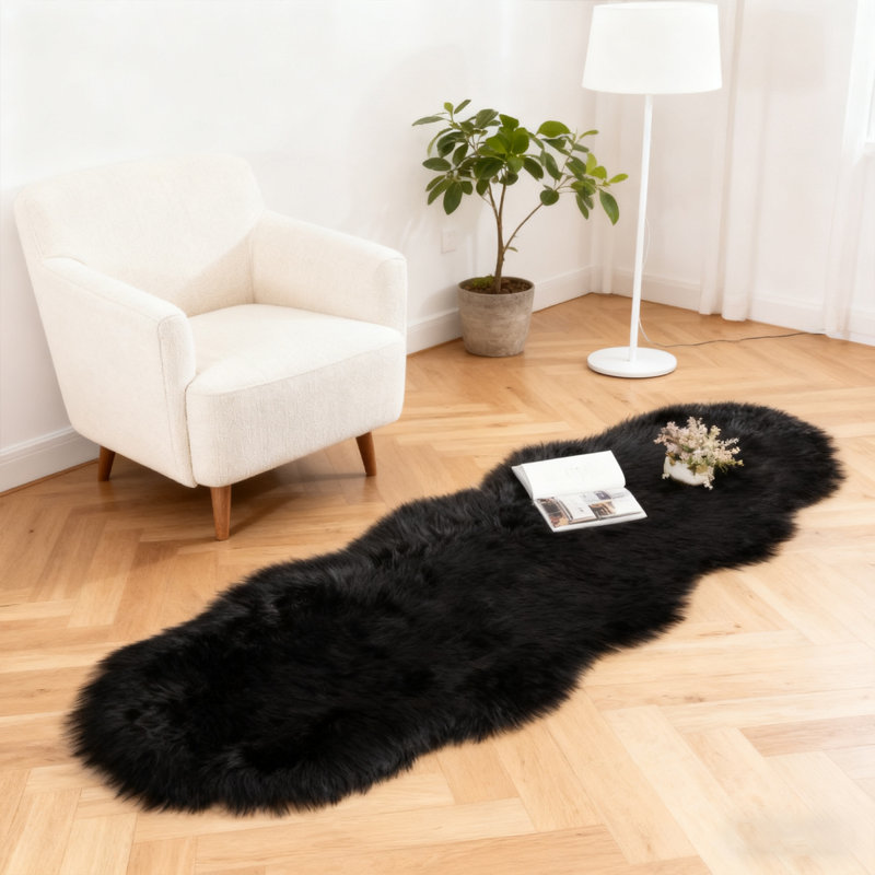 Soft Fluffy Black Faux Sheepskin Area Rug, Novelty 2' x 4'