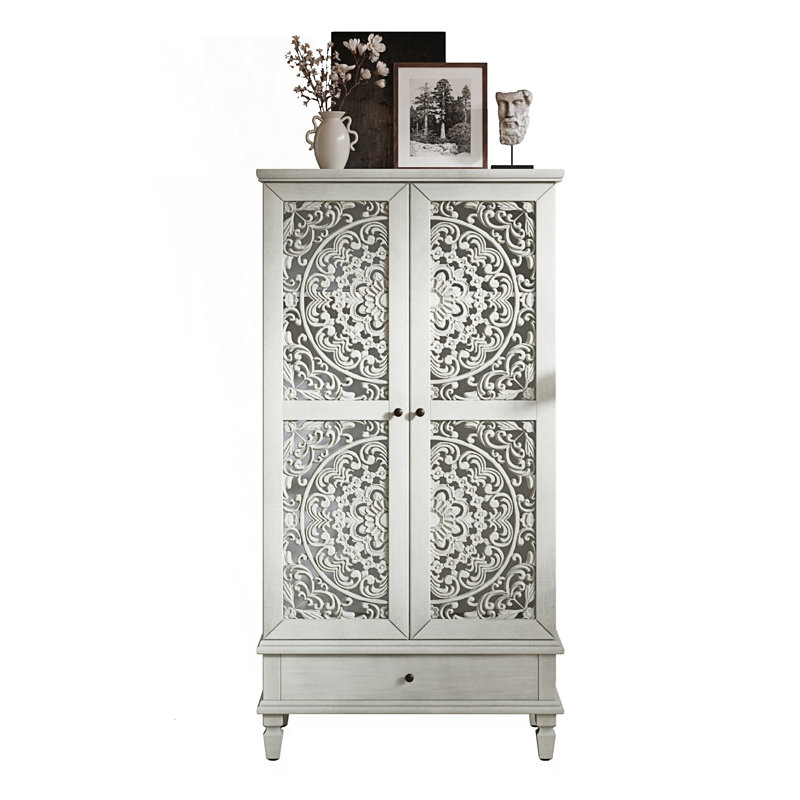 Armoire de rangement rustique avec tiroir, armoire décorative sculptée à 2 portes, Gris antique