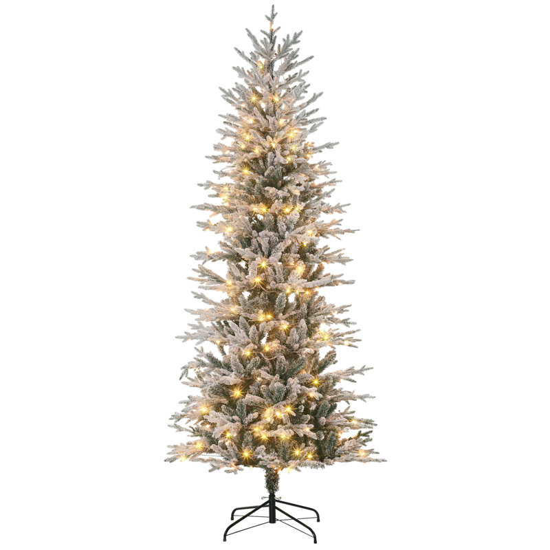 Arbres de Noël artificiels 7,5 pi avec branches enneigées, lumières jaunes claires et claires, ouverture automatique, ampoule supplémentaire