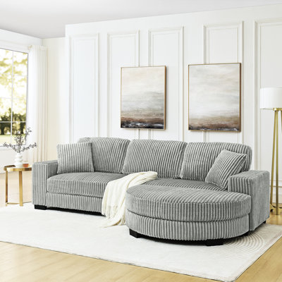 Canapé-lit en L en velours côtelé gris, rembourré avec style, assise et dossier confortables, structure en bois franc robuste, méridienne convertible, repose-pieds en forme d'arc pour canapé modulaire gris doux au toucher, modulaire, haut