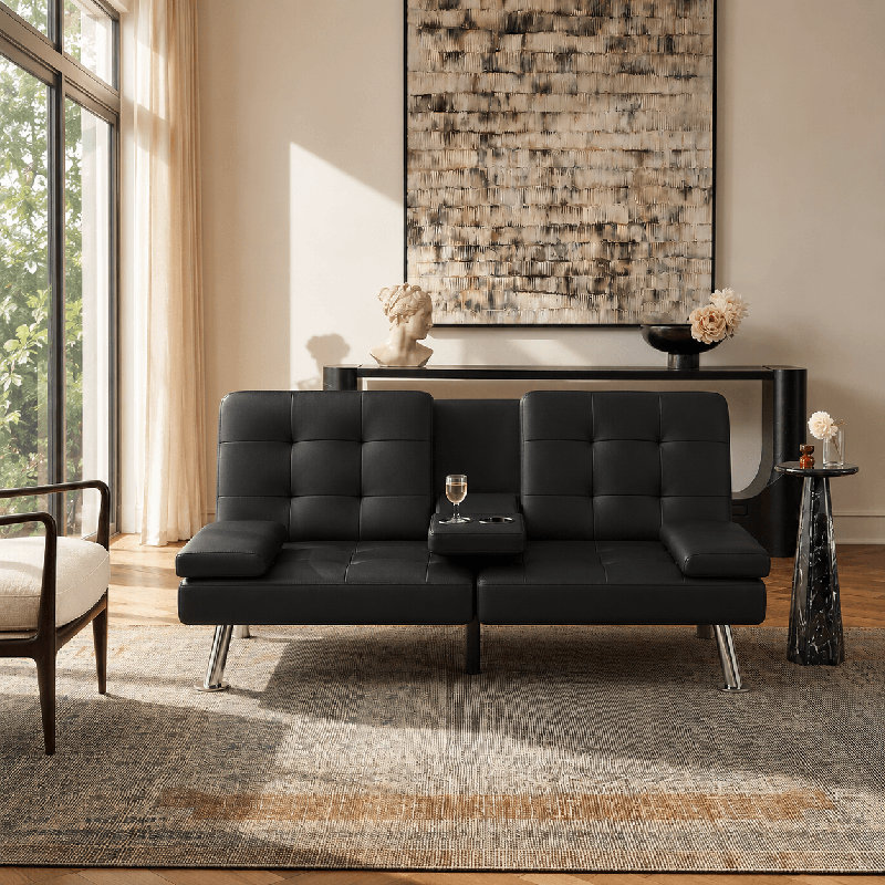 Abbigale 65.8'' Faux Leather Reclining Sofa Bed, Black Faux Leather