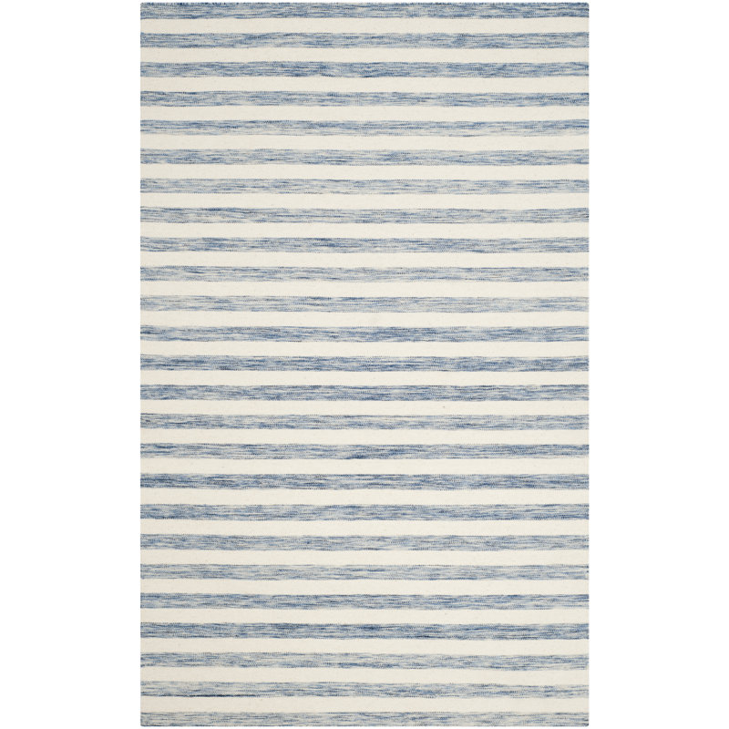 Emek Hand Woven Flat Weave Wool/Cotton Striped Rug in Blue/Ivory, Rectangle 6' x 9'