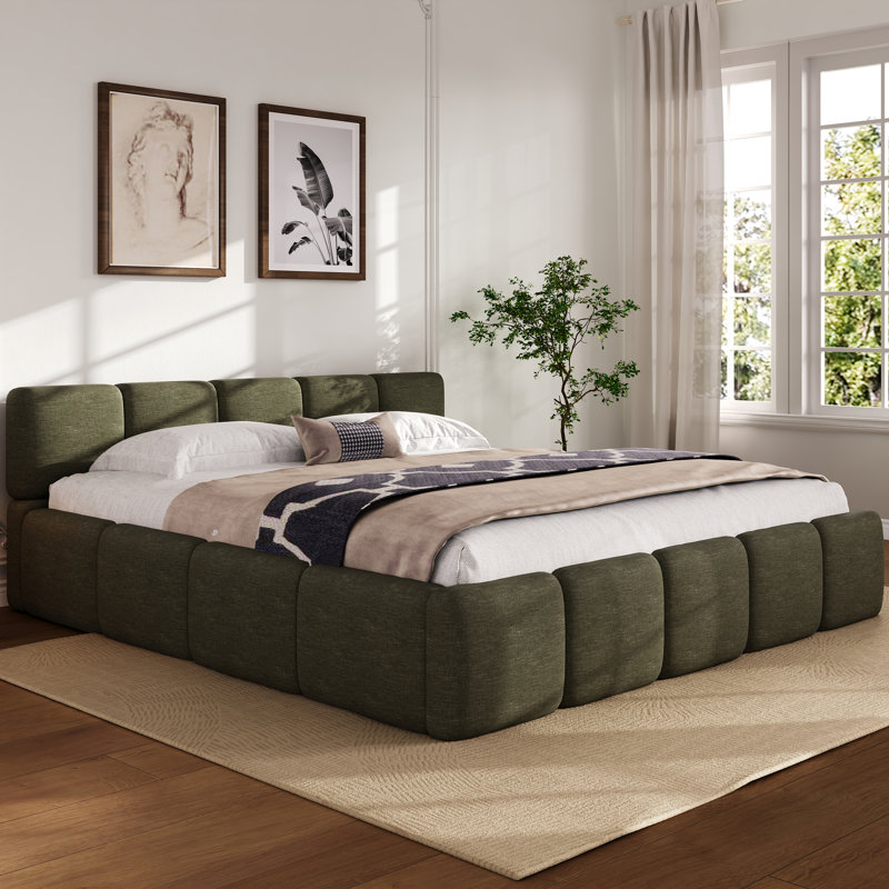 Lit plateforme tapissier avec tête et pied de lit moelleux, Très grand, Mélange de lin vert