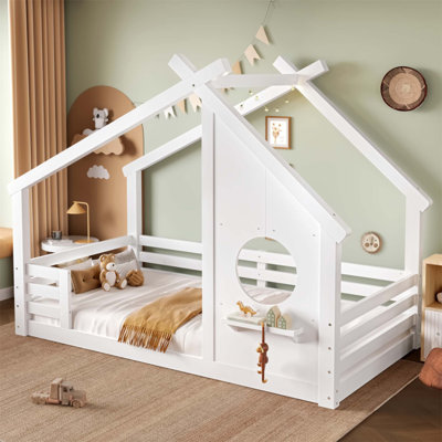 House Floor Bed With Window And A Small Shelf, Solid Wood Frame, No Box Spring Needed, Ideal For Kids' Rooms