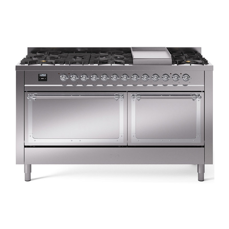 ILVE Nostalgie II Noblesse 60 in Dual Fuel Range, 9 Burner, Griddle, Stainless Steel/Chrome, Liquid Propane