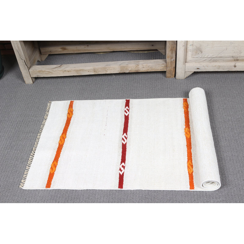 Petit tapis kilim tissé à la main et à plat turc blanc Oushak idéal pour la décoration intérieure