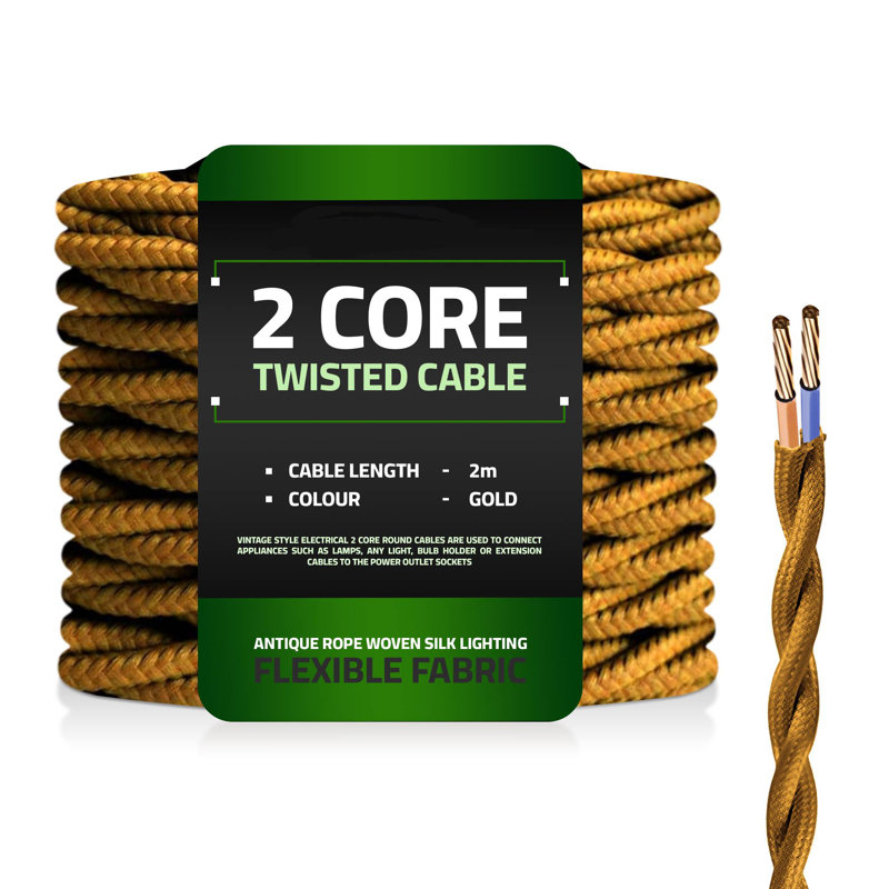 2Core Twisted Vintage Coloured 0.75Mm Braided Fabric Flexible Electrical UK Lighting Wire Cable, Gold