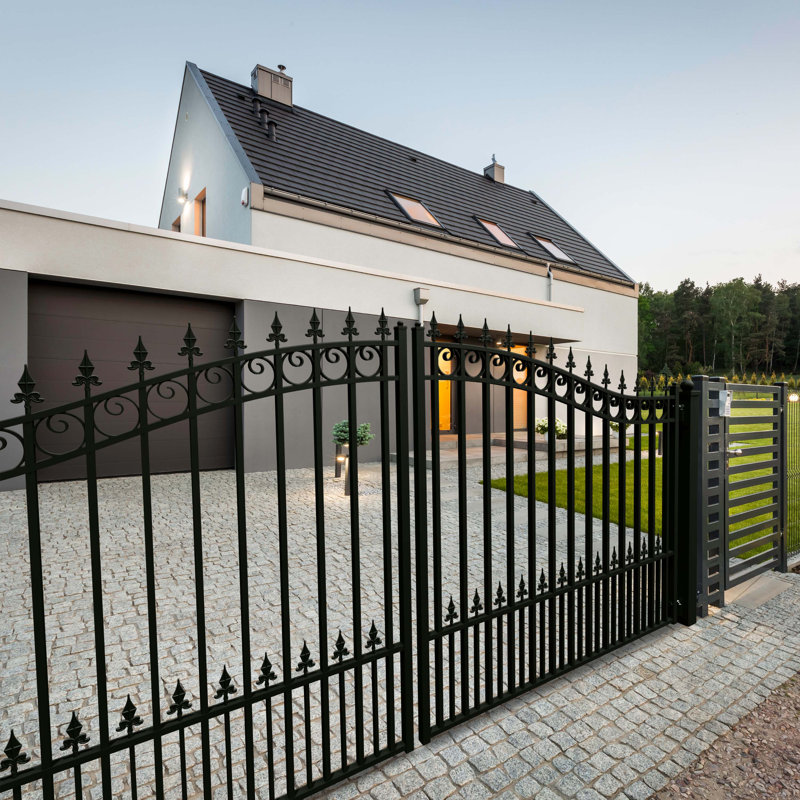 Prague Style Black Steel Dual Swing Driveway Gate 14x6 Feet