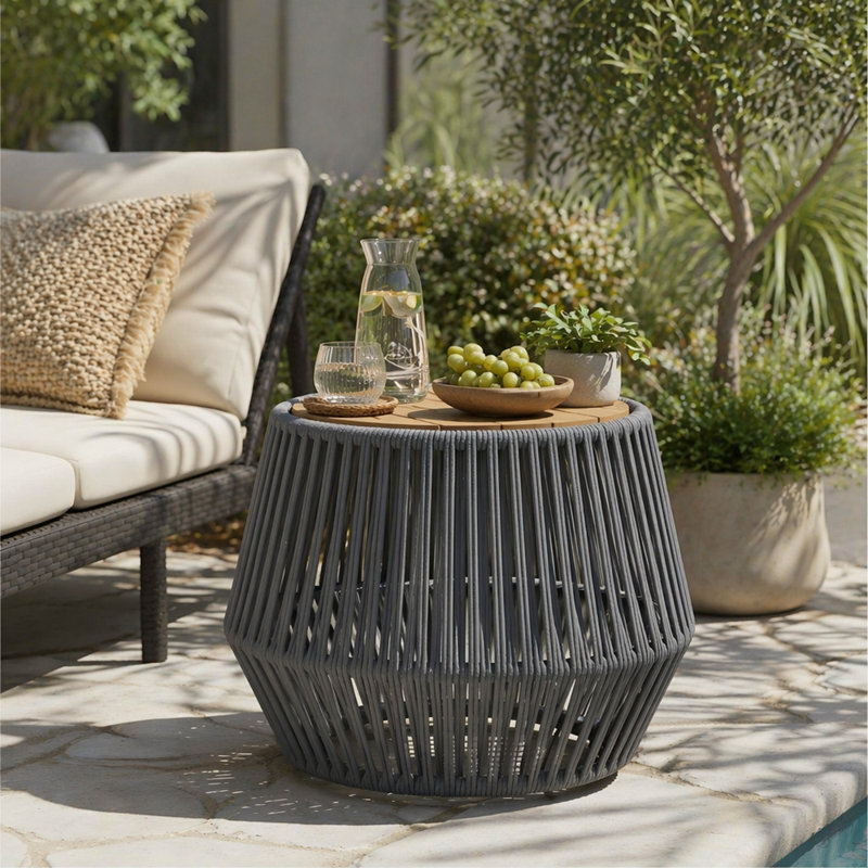 Table d'appoint en bois d'acacia avec base en corde - Décoration côtière moderne pour le patio, le jardin, le balcon et l'intérieur