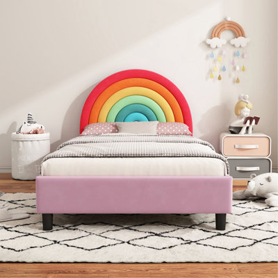 Rainbow Design Upholstered Twin Platform Bed Cute Style Princess Bed For Boys & Girls, Teens, Colorful & Pink