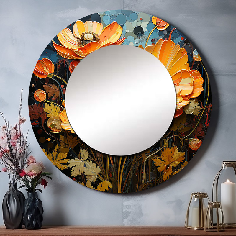 Gold Marigold Marigold Melody II - Marigold Unique Wall Mirror, Traditional Round Mirror, Printed Metal Art, 36" x 36"