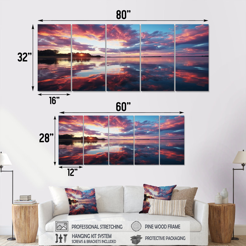 Ensemble de 5 décorations murales Horizon Sunset By The Lake II - Lake, H 28 po x l 60 po