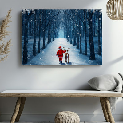 Canvas A Whimsical Winter Scene Depicting A Jolly Figure In A Wall Art Bright Red Santa Suit Complete With White Fur Trim Walking Canvas Wall Art