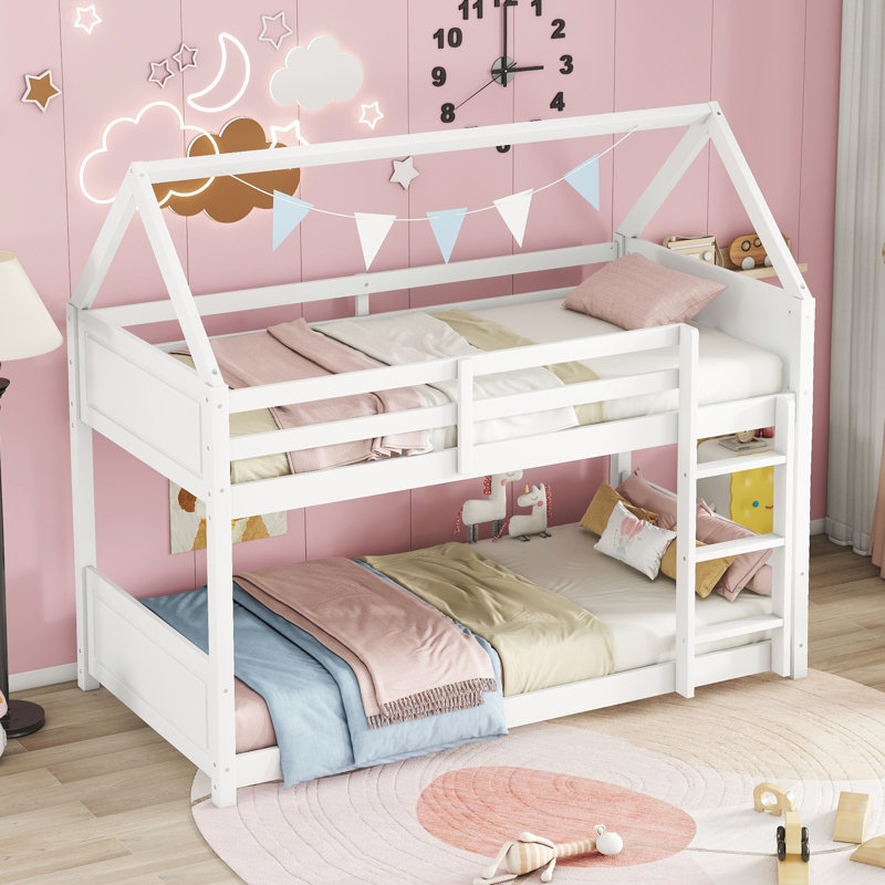 Ishmal Twin Over Twin House Bunk Bed with Headboards, Footboards, Guardrails & Ladder - Rubber Wood, White