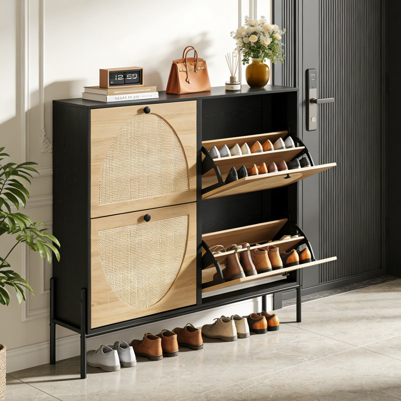 Armoire de rangement pour chaussures avec portes en rotin, 4 tiroirs rabattables pour le vestibule, Noir