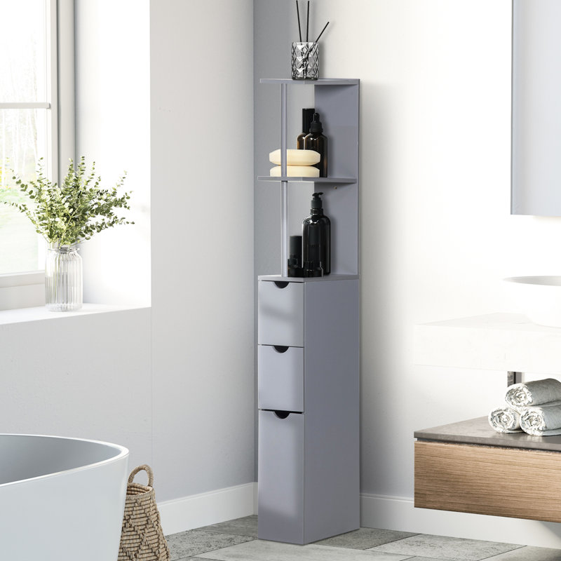 54" Tall Bathroom Organizer, Grey. 2 Shelf & Drawers For Storage. Space Vertical Design. Solid Structure. Wall-mountable Added Security. Holds Linen Essentials. 6" L X 13" W 53.75" H. Assembly