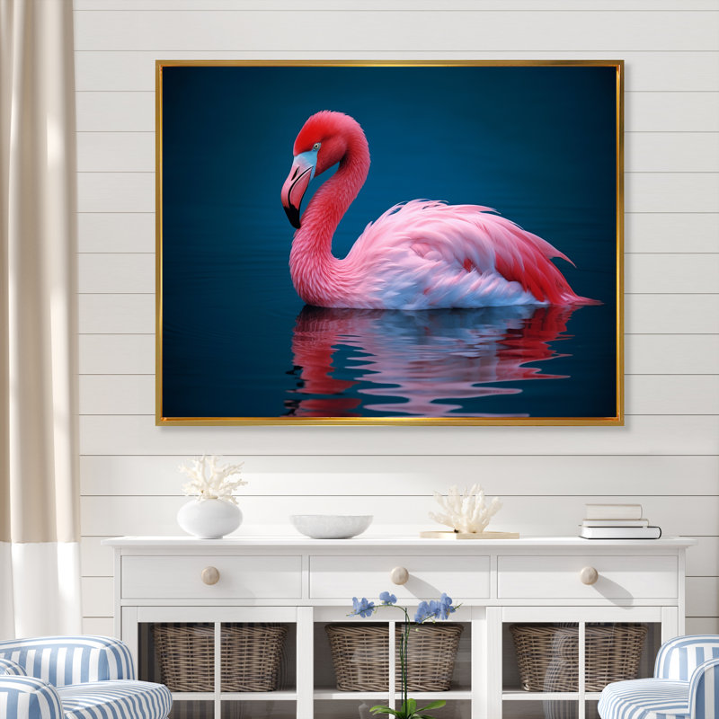 Flamant rose sur toile, impression de décor d'oiseau tropical - lac flamant rose sérénité, Cadre flottant doré