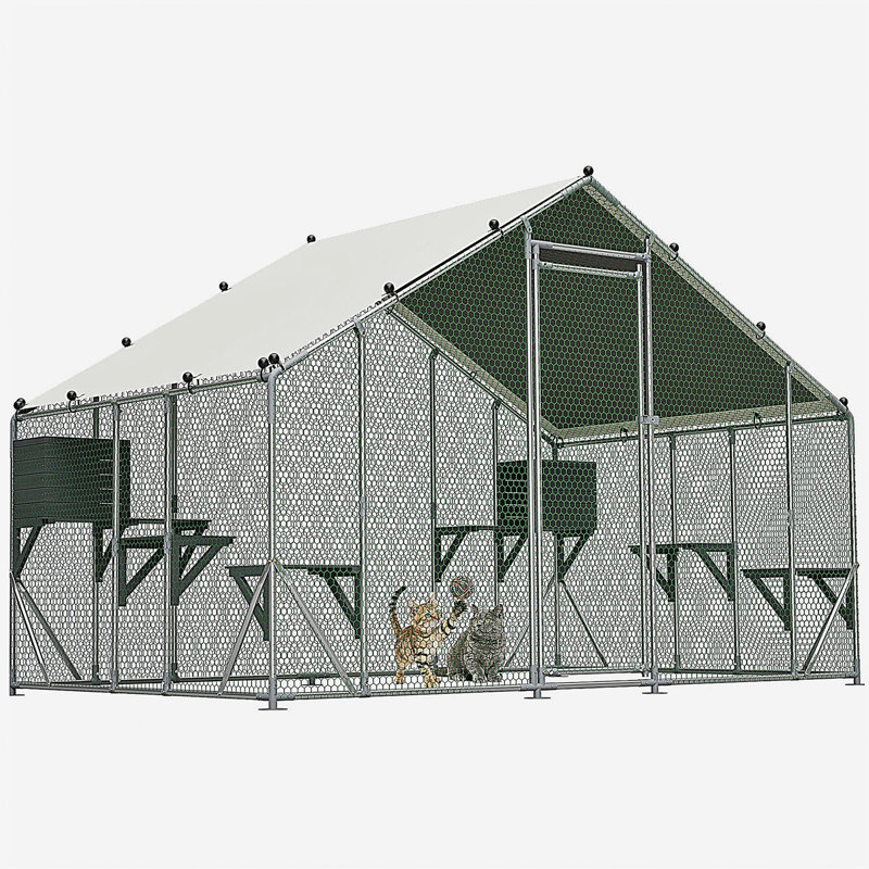 Cage à chat d'extérieur en métal extra robuste de 3 x 2 m - plateforme en bois massif de bricolage, double verrou de sécurité et stabilité accrue, utilisation multi-animaux, bâche imperméable incluse