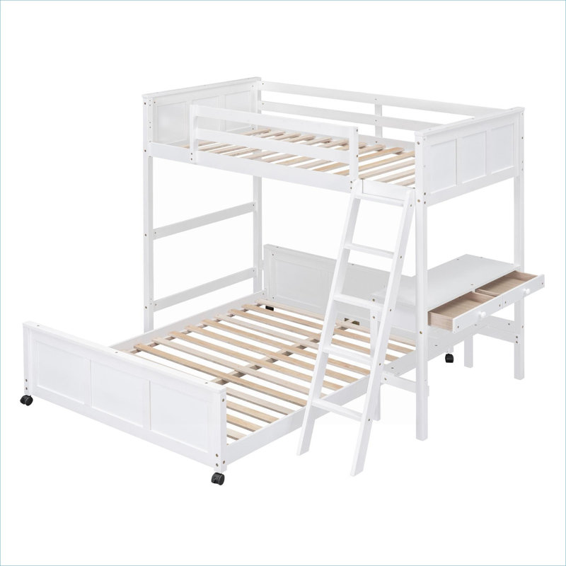 Lit plateforme superposé pour petites chambres à coucher, lit simple superposé au dessus d'un lit double avec bureau intégré, finition blanche, fabrication en bois massif